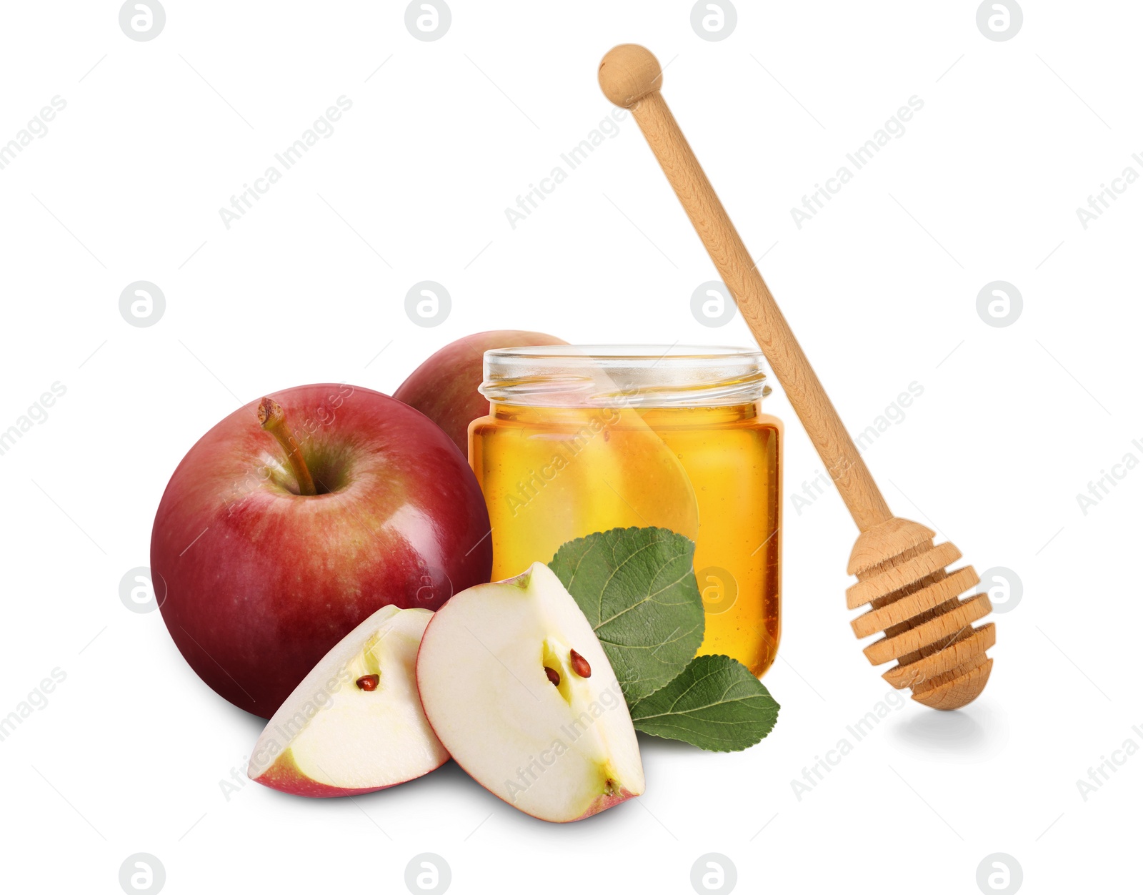 Image of Honey in glass jar, apples and dipper isolated on white