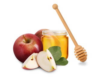 Image of Honey in glass jar, apples and dipper isolated on white