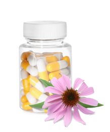 Bottle with vitamin pills and beautiful echinacea flower on white background