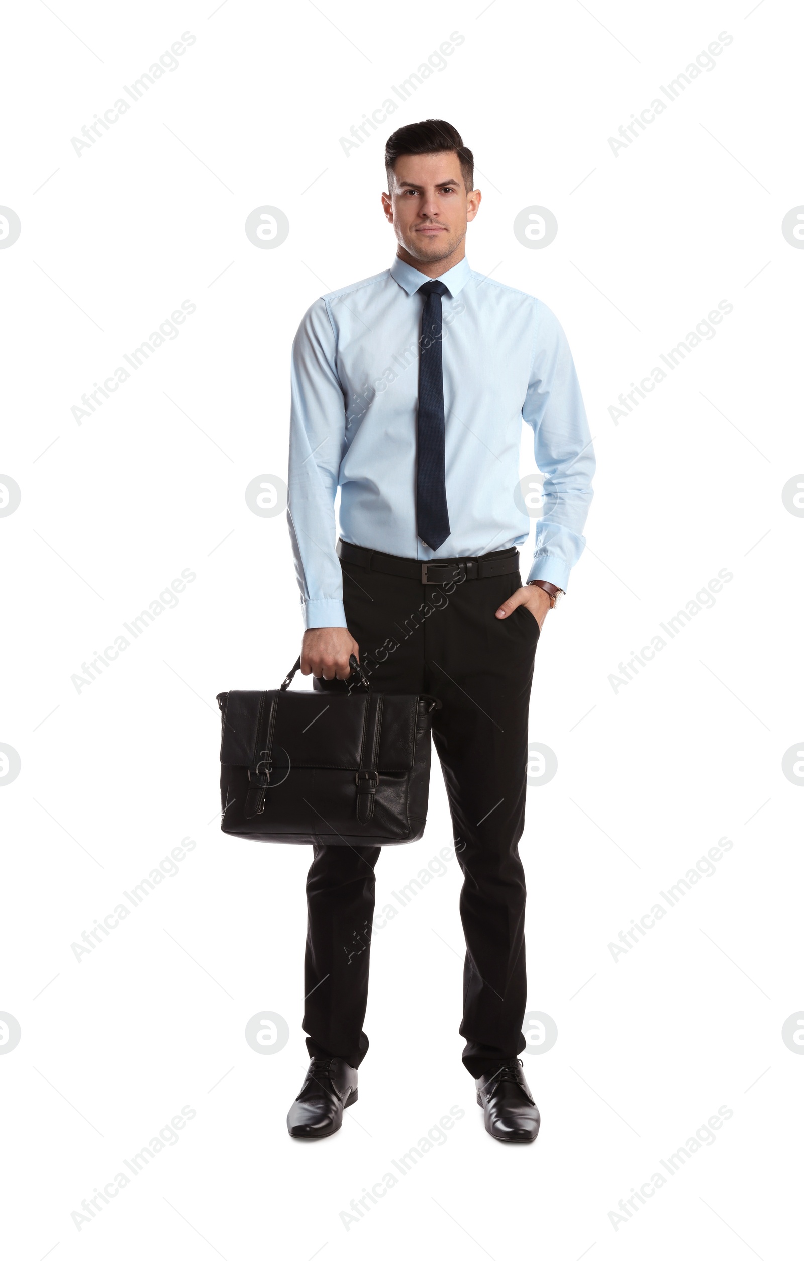 Photo of Businessman with stylish leather briefcase on white background