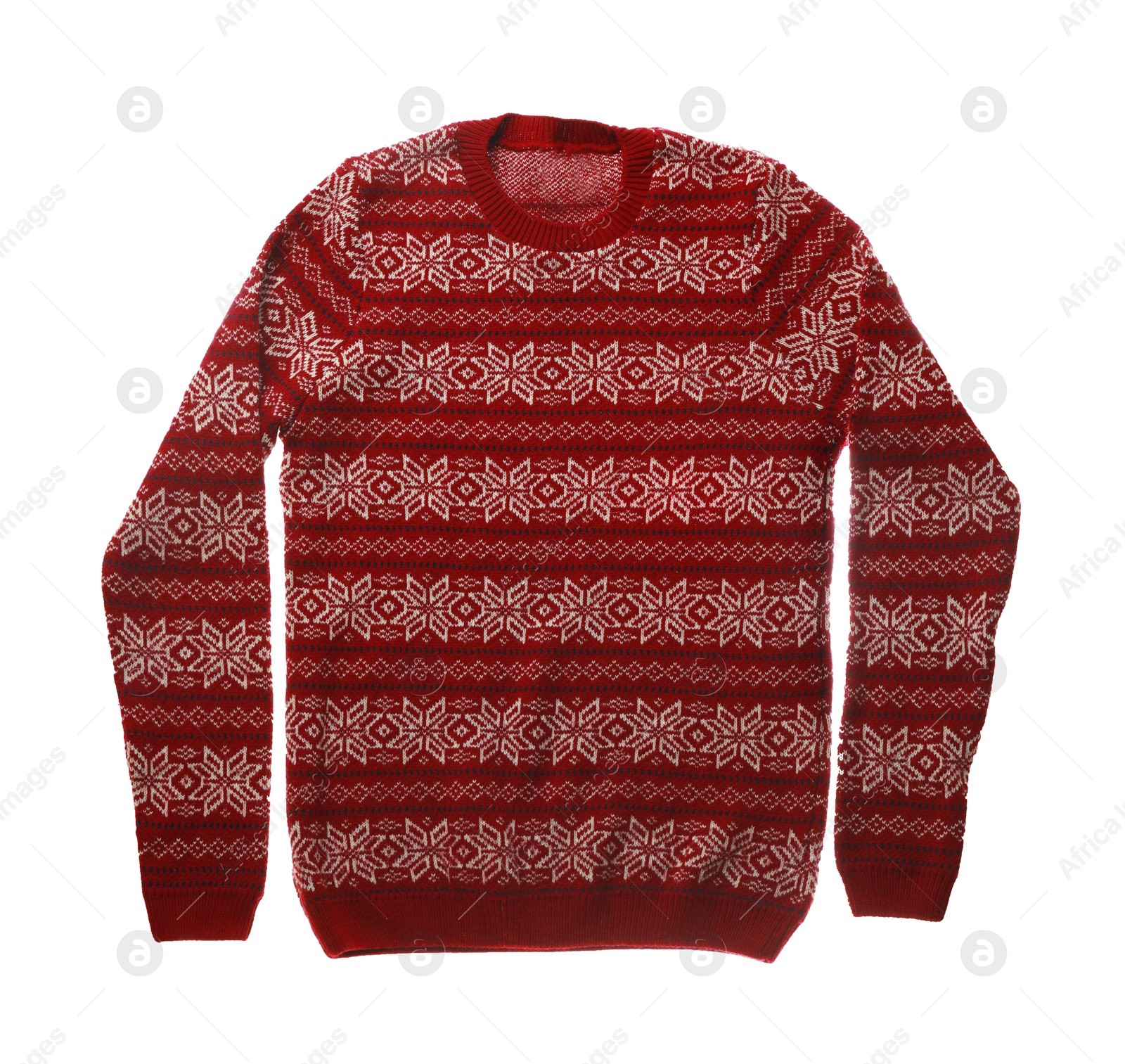 Photo of Warm Christmas sweater with snowflakes on white background, top view