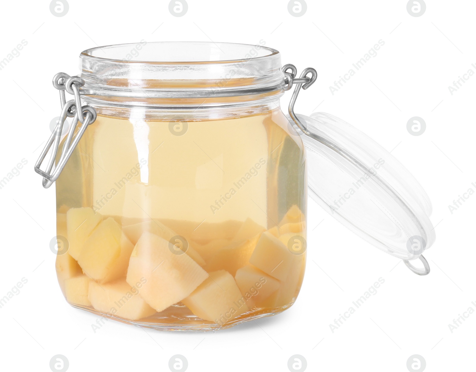 Photo of Delicious quince drink in glass jar isolated on white
