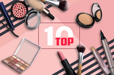 Image of Top ten list of makeup products on color background