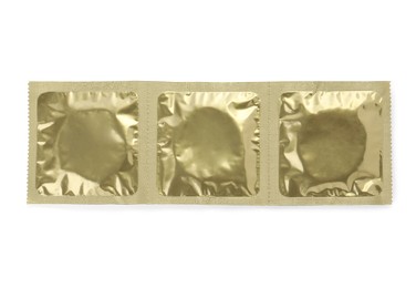 Photo of Condom packages isolated on white, top view. Safe sex