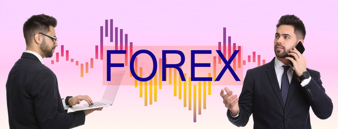 Image of Businessman with smartphone and laptop on light background, banner design. Forex trading