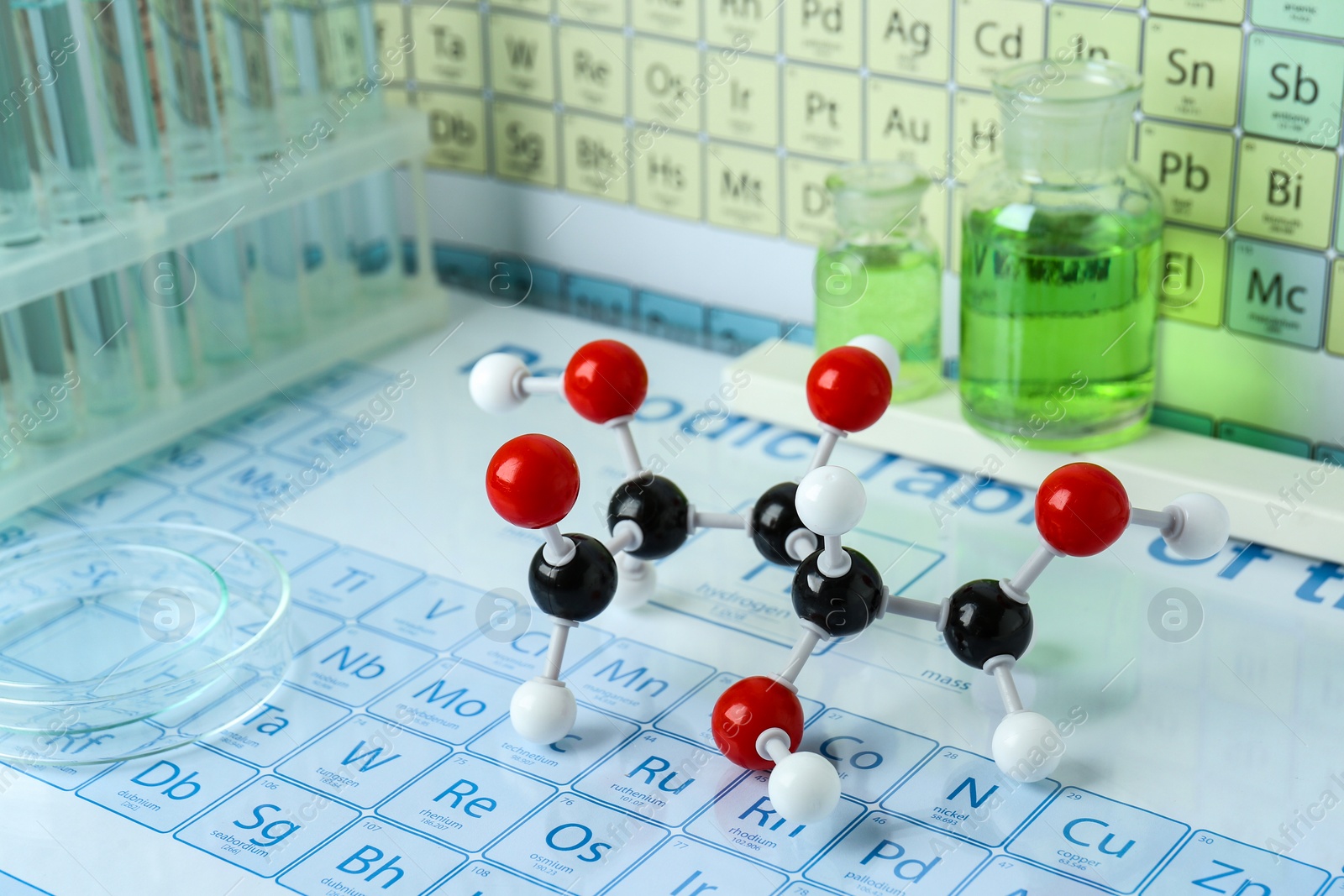 Photo of Molecular model, laboratory glassware and periodic table