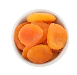 Photo of Bowl with apricots on white background, top view. Dried fruit as healthy food