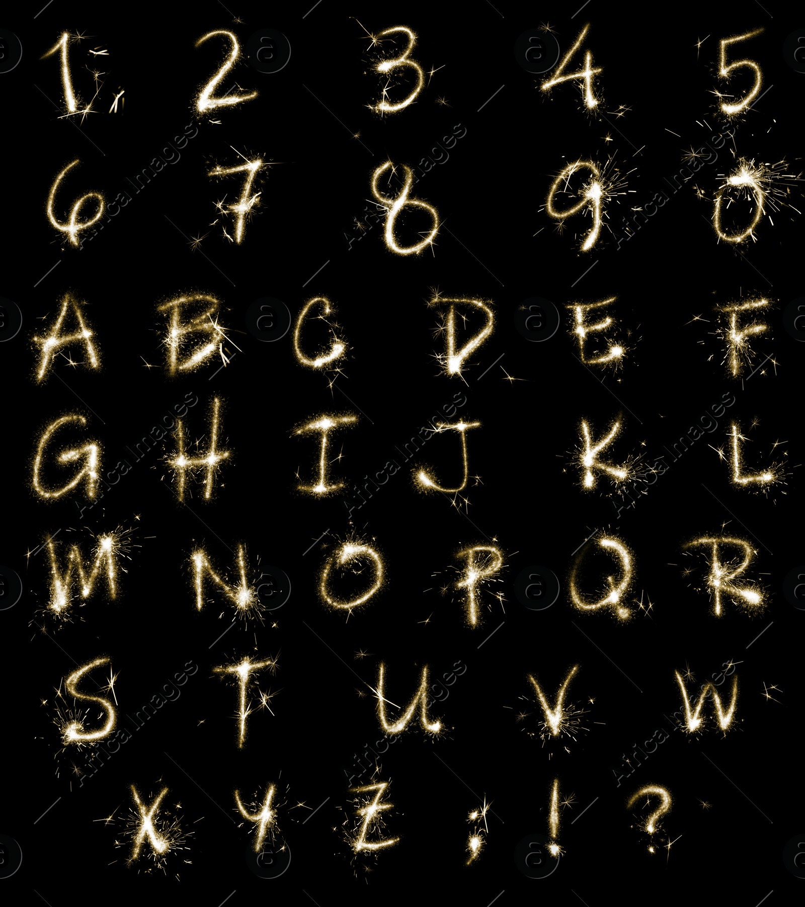 Image of Set with letters and numbers made of sparkler on black background