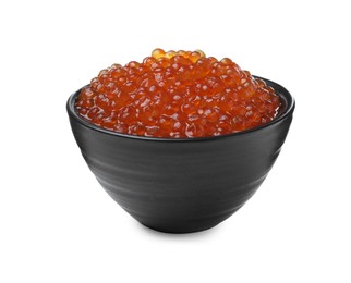 Photo of Bowl of delicious red caviar isolated on white