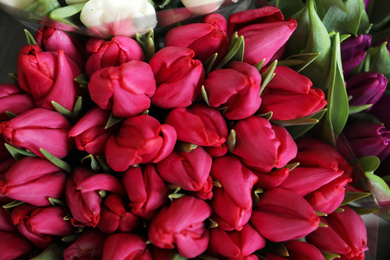 Photo of Beautiful red tulips as background, closeup. Floral decor