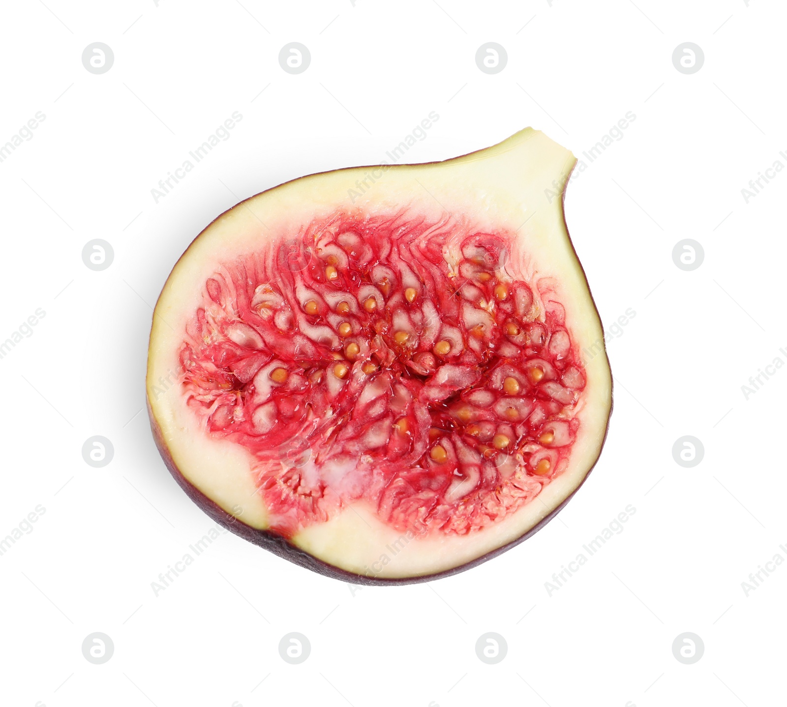 Photo of Half of fresh fig isolated on white, top view