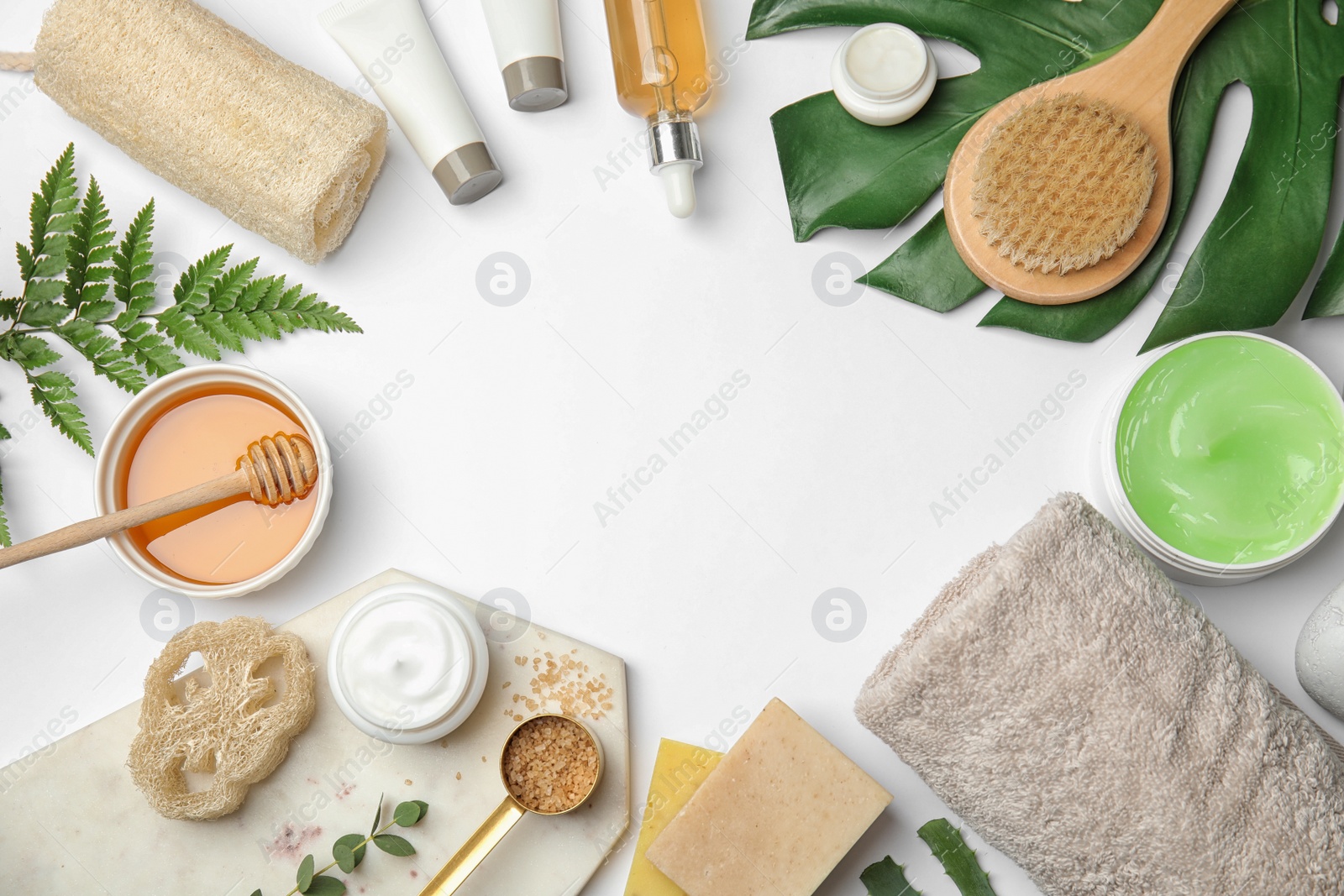 Photo of Flat lay composition with different body care products and space for text on white background