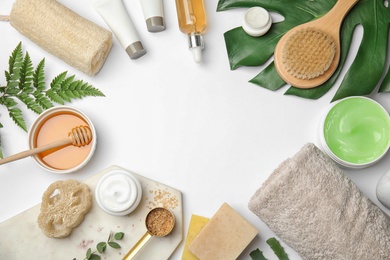 Flat lay composition with different body care products and space for text on white background