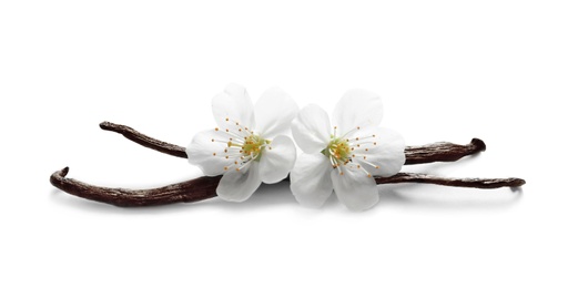 Vanilla sticks and flowers on white background