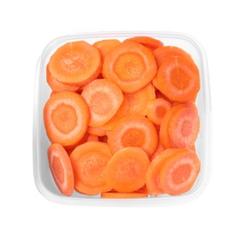 Photo of Fresh sliced carrots in plastic container isolated on white