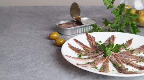 Delicious anchovy fillets, served with olives and parsley on grey table, space for text