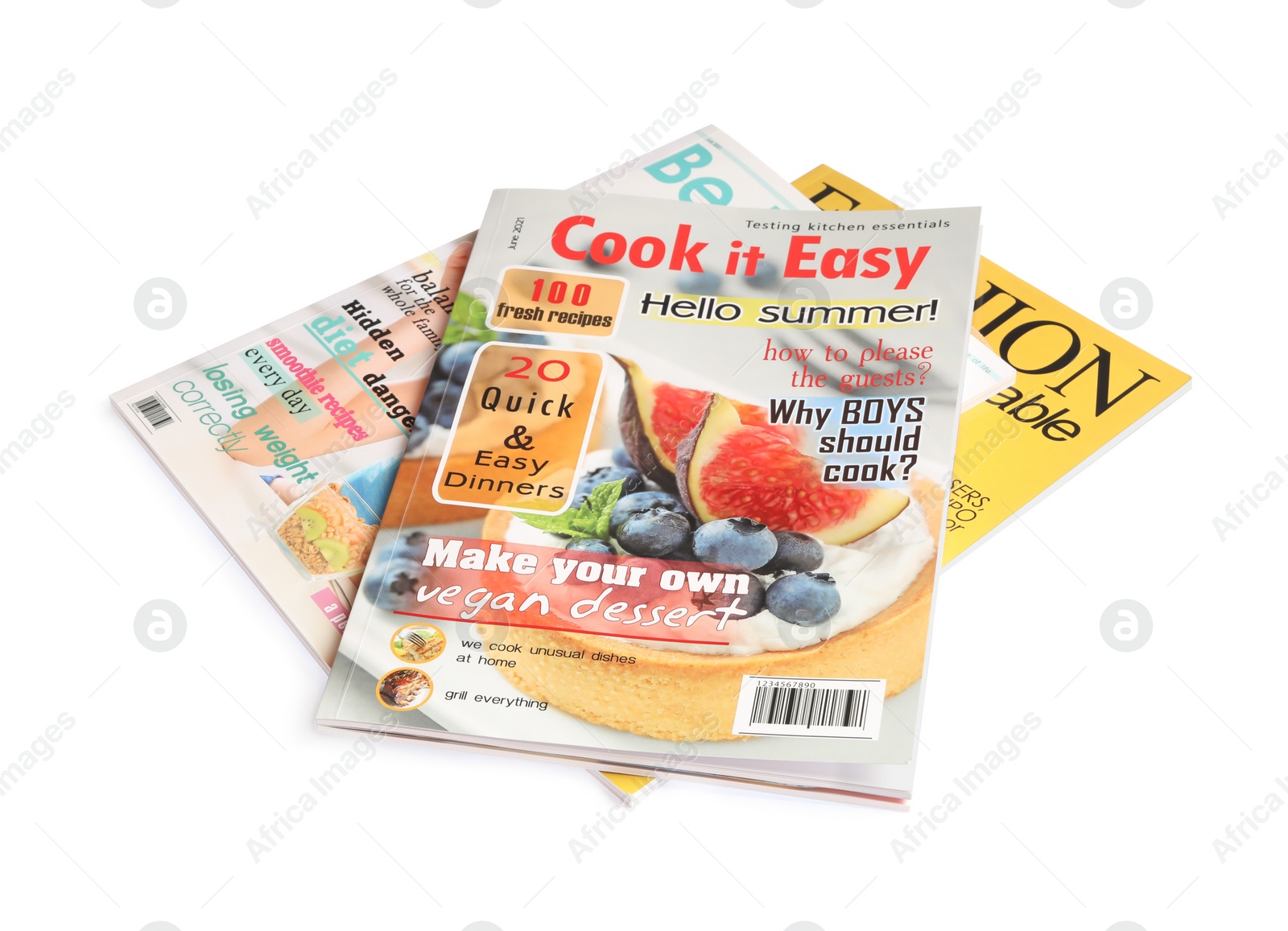 Photo of Stack of different magazines on white background