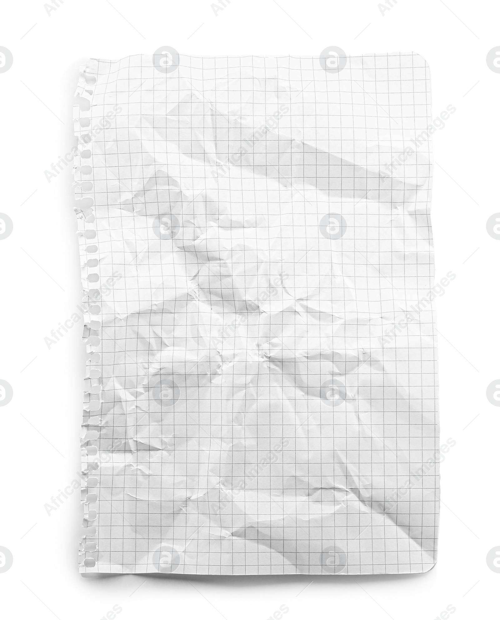 Photo of Crumpled checkered notebook sheet isolated on white, top view