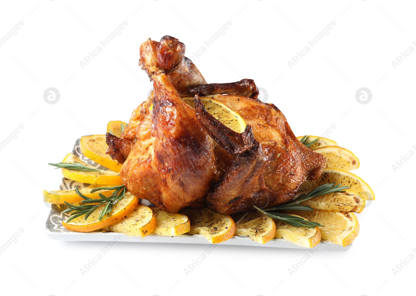 Photo of Chicken with orange slices isolated on white