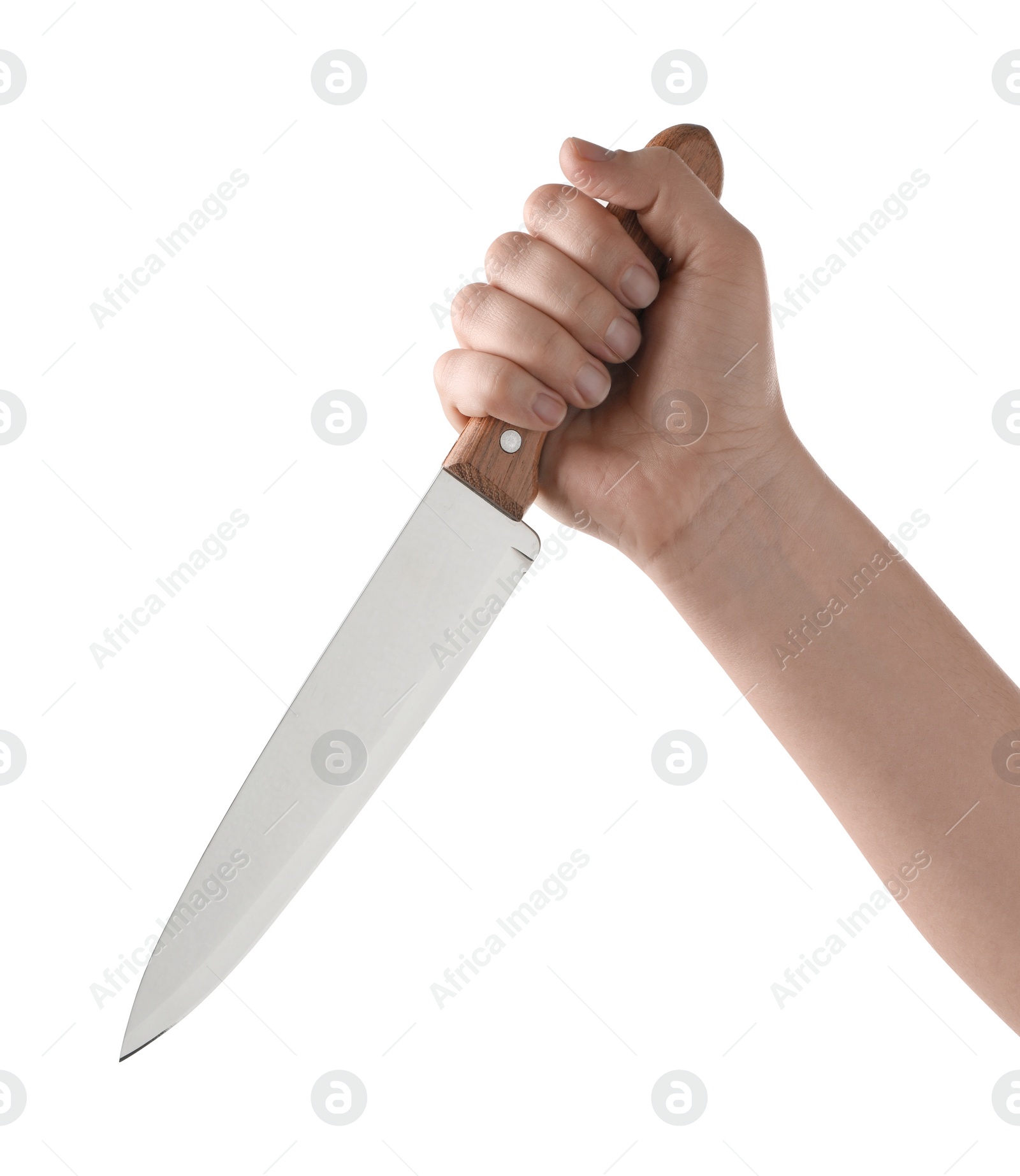 Photo of Woman holding knife on white background, closeup