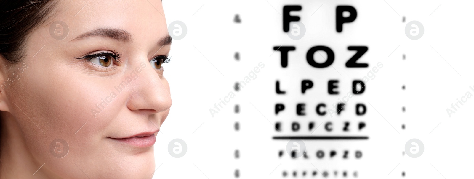 Image of Vision test. Woman and eye chart on white background, banner design