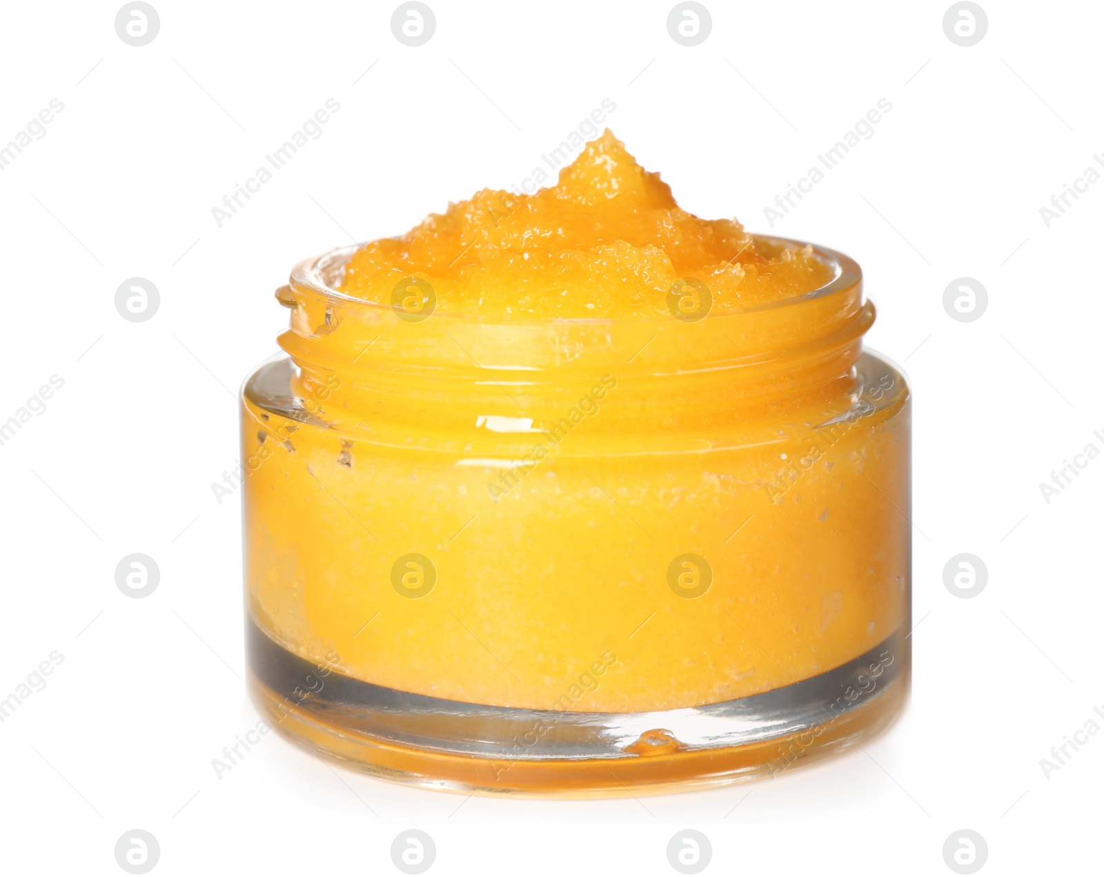 Photo of Body scrub in jar isolated on white