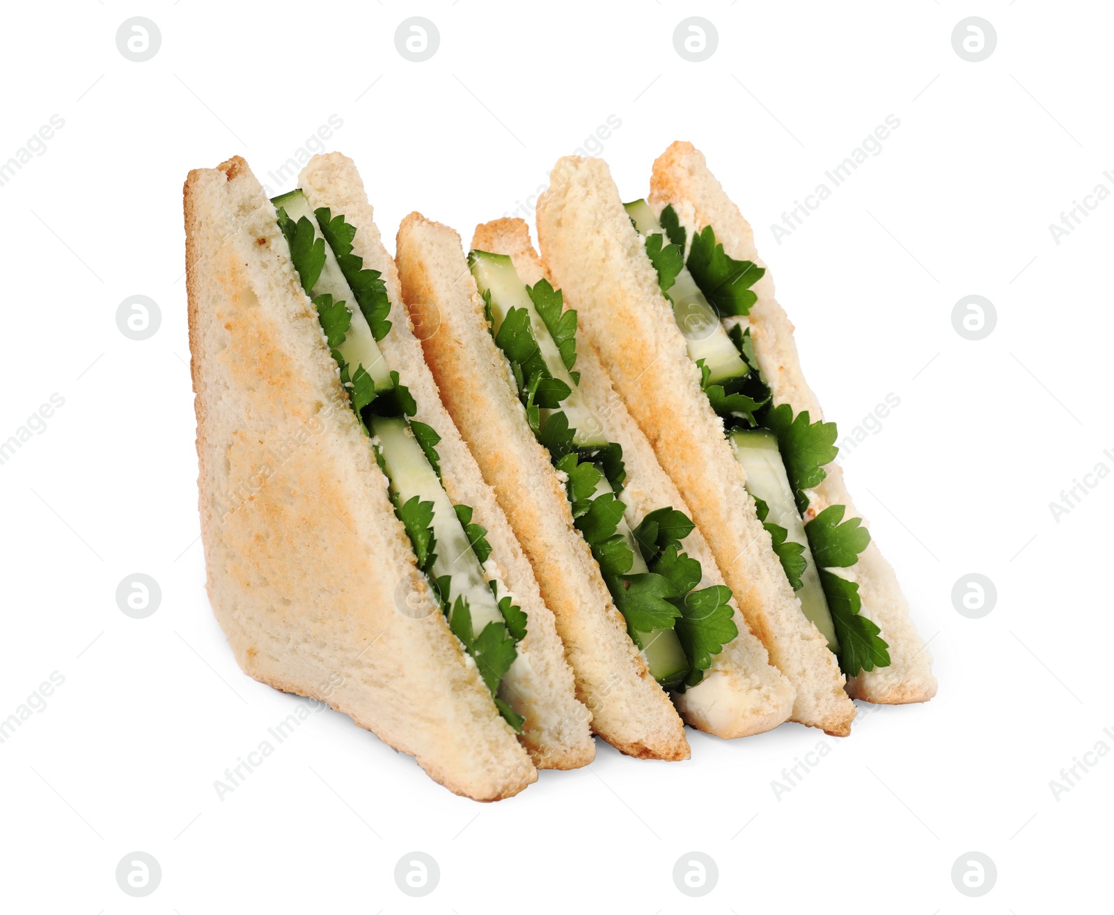 Photo of Tasty sandwiches with cucumber and parsley on white background