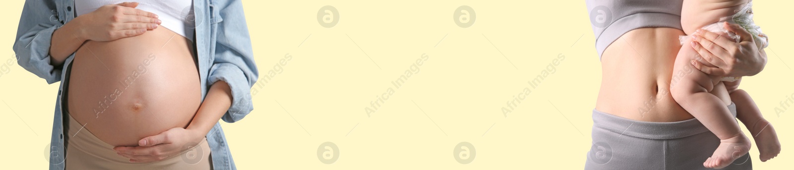 Image of Closeup view of mother with baby and pregnant woman touching her belly on beige background, collage. Banner design