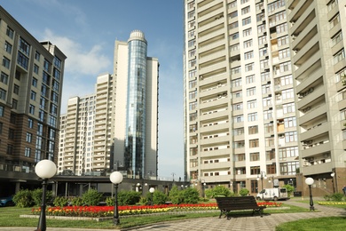 Photo of KYIV, UKRAINE - MAY 21, 2019: Beautiful view of modern housing estate in Pecherskyi district on sunny day