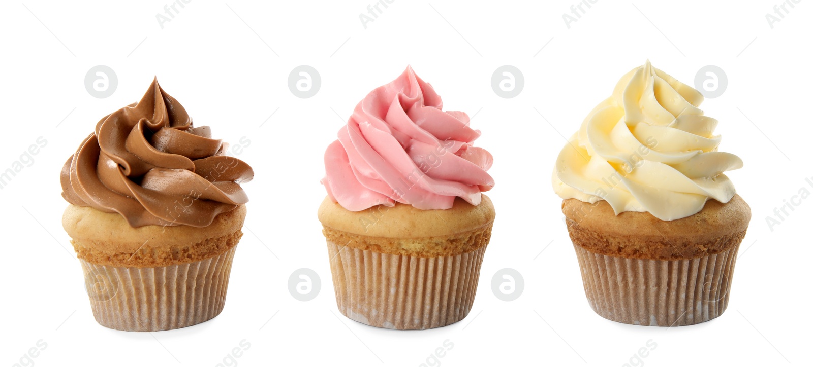 Photo of Delicious birthday cupcakes decorated with cream on white background