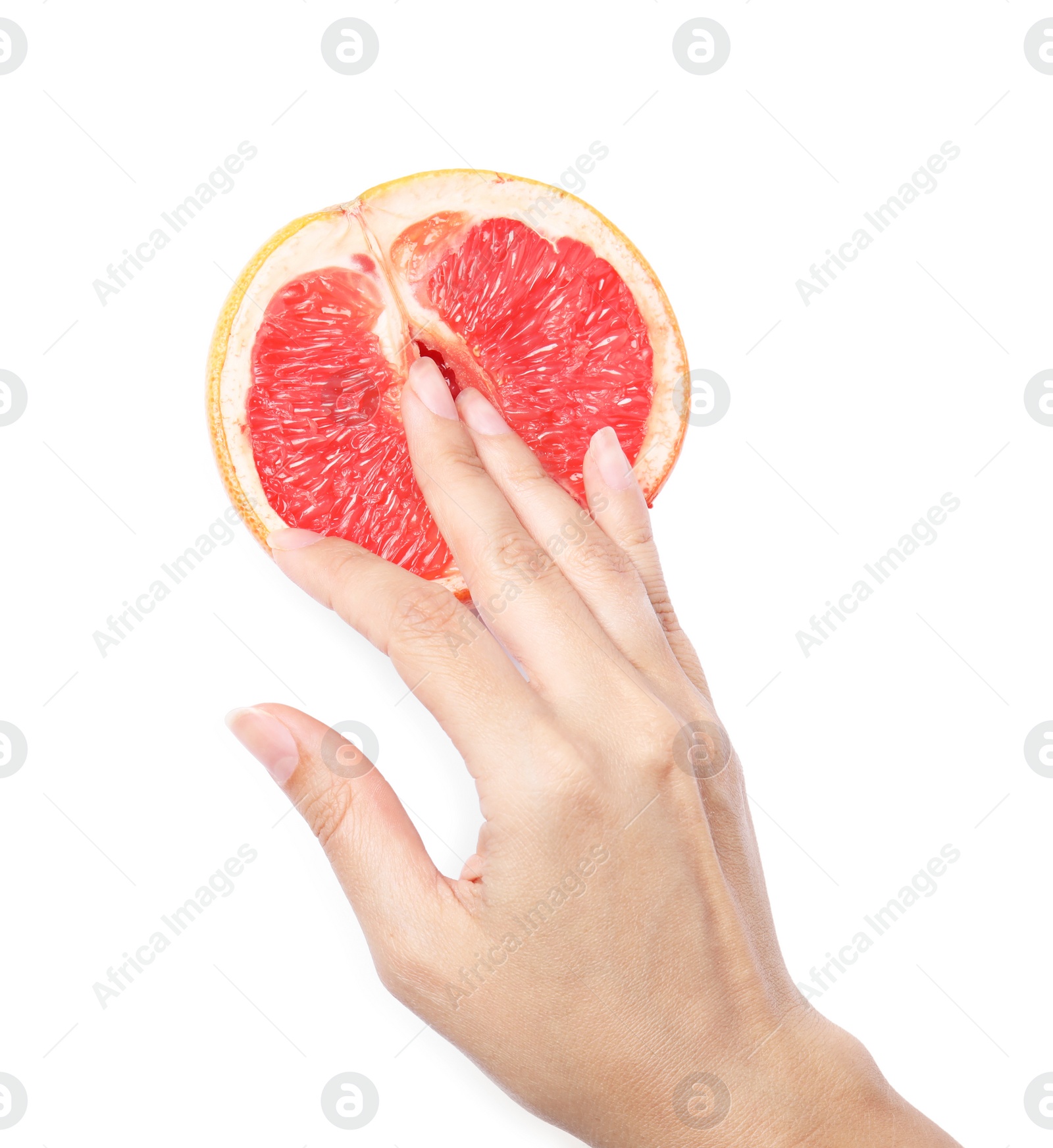 Photo of Young woman touching half of grapefruit on white background, top view. Sex concept