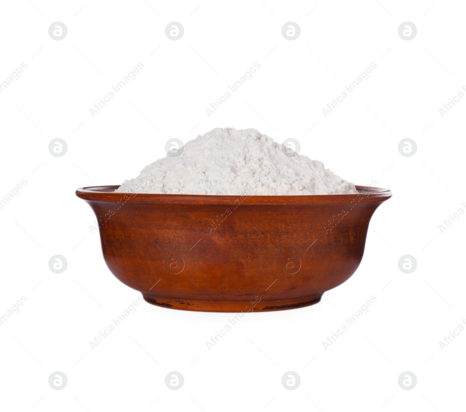 Photo of Fresh flour in wooden bowl isolated on white