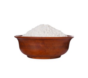 Fresh flour in wooden bowl isolated on white