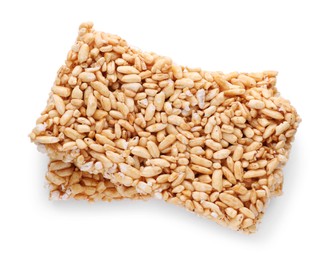 Puffed rice bars (kozinaki) on white background, top view