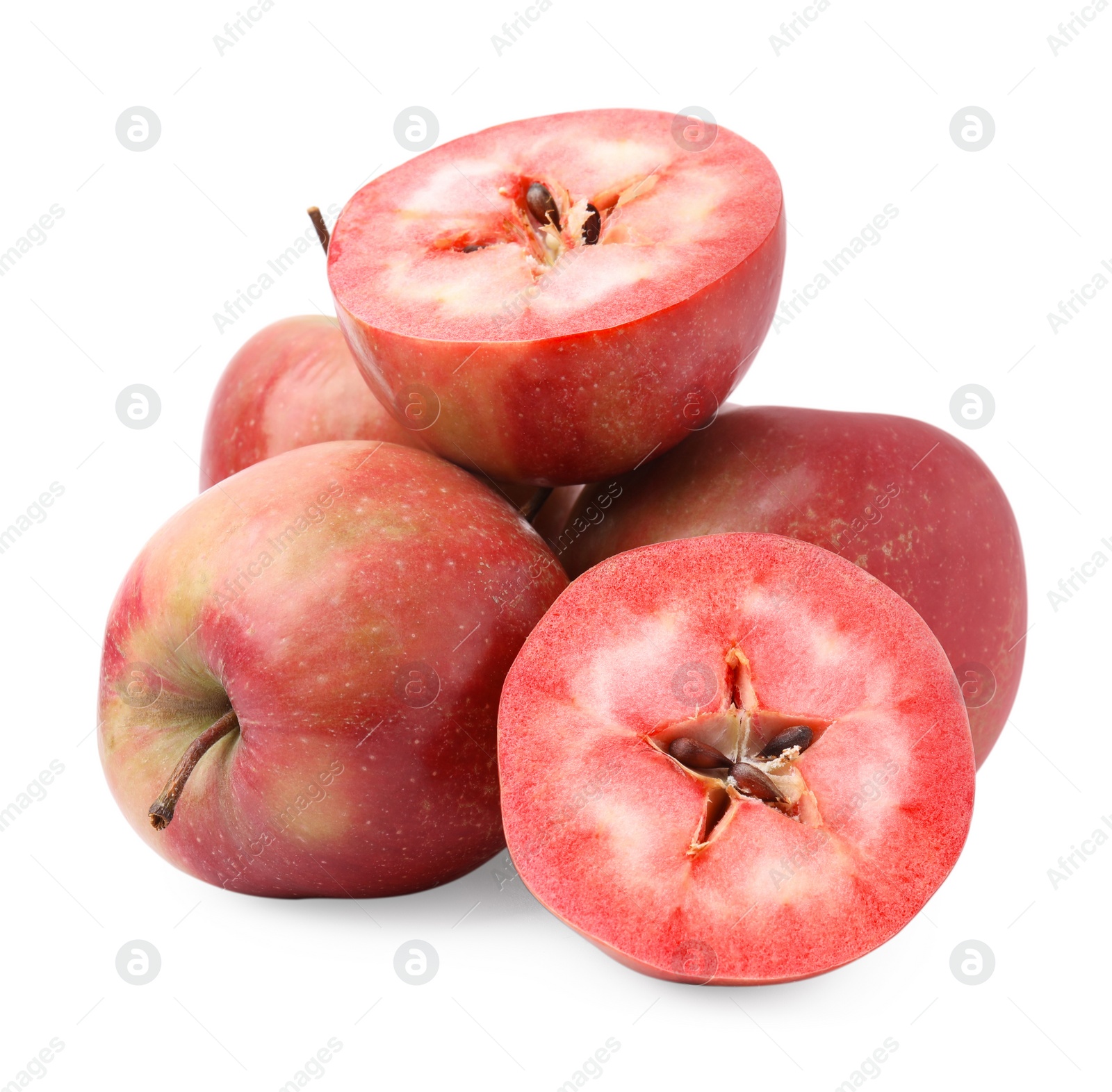 Photo of Tasty apples with red pulp isolated on white