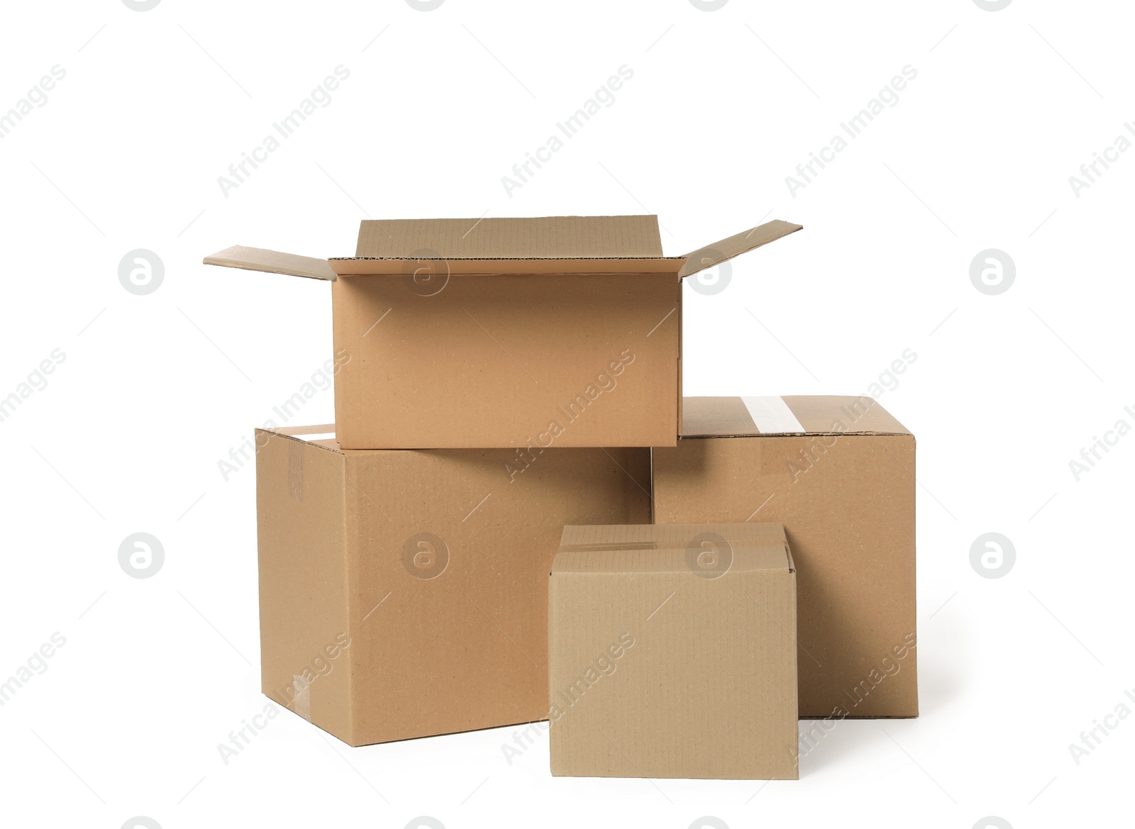 Photo of Many cardboard boxes on white background. Delivery service