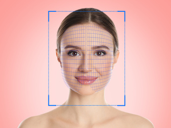 Image of Facial recognition system. Woman with scanner frame and digital grid on pink background