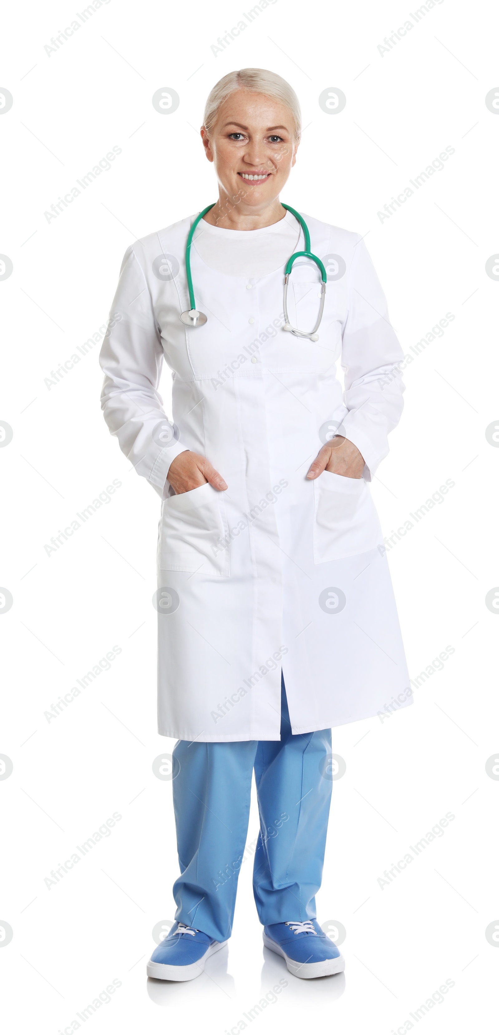 Photo of Full length portrait of female doctor isolated on white. Medical staff