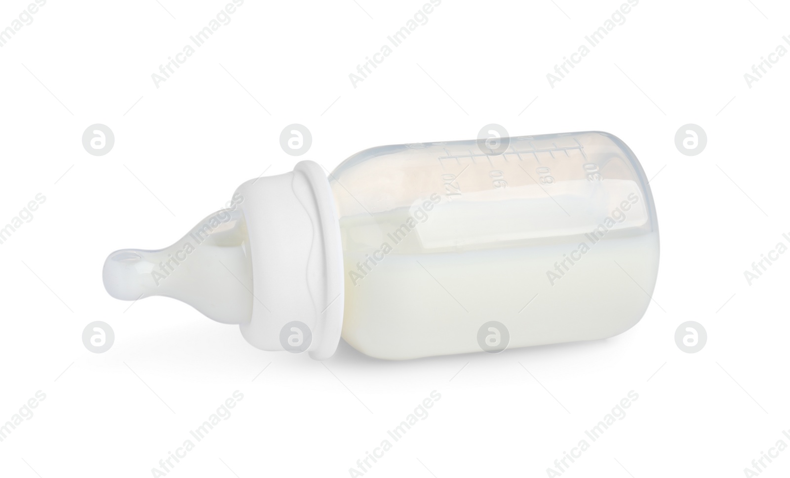 Photo of One feeding bottle with infant formula on white background