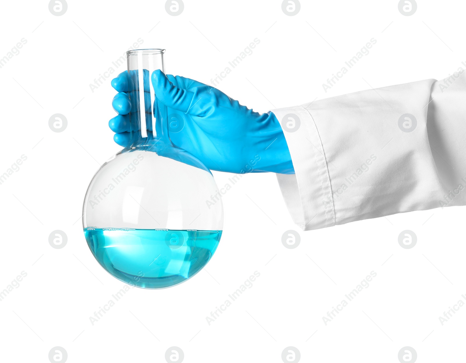 Photo of Scientist holding glass flask with liquid on white background. Chemical research