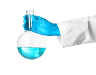 Photo of Scientist holding glass flask with liquid on white background. Chemical research