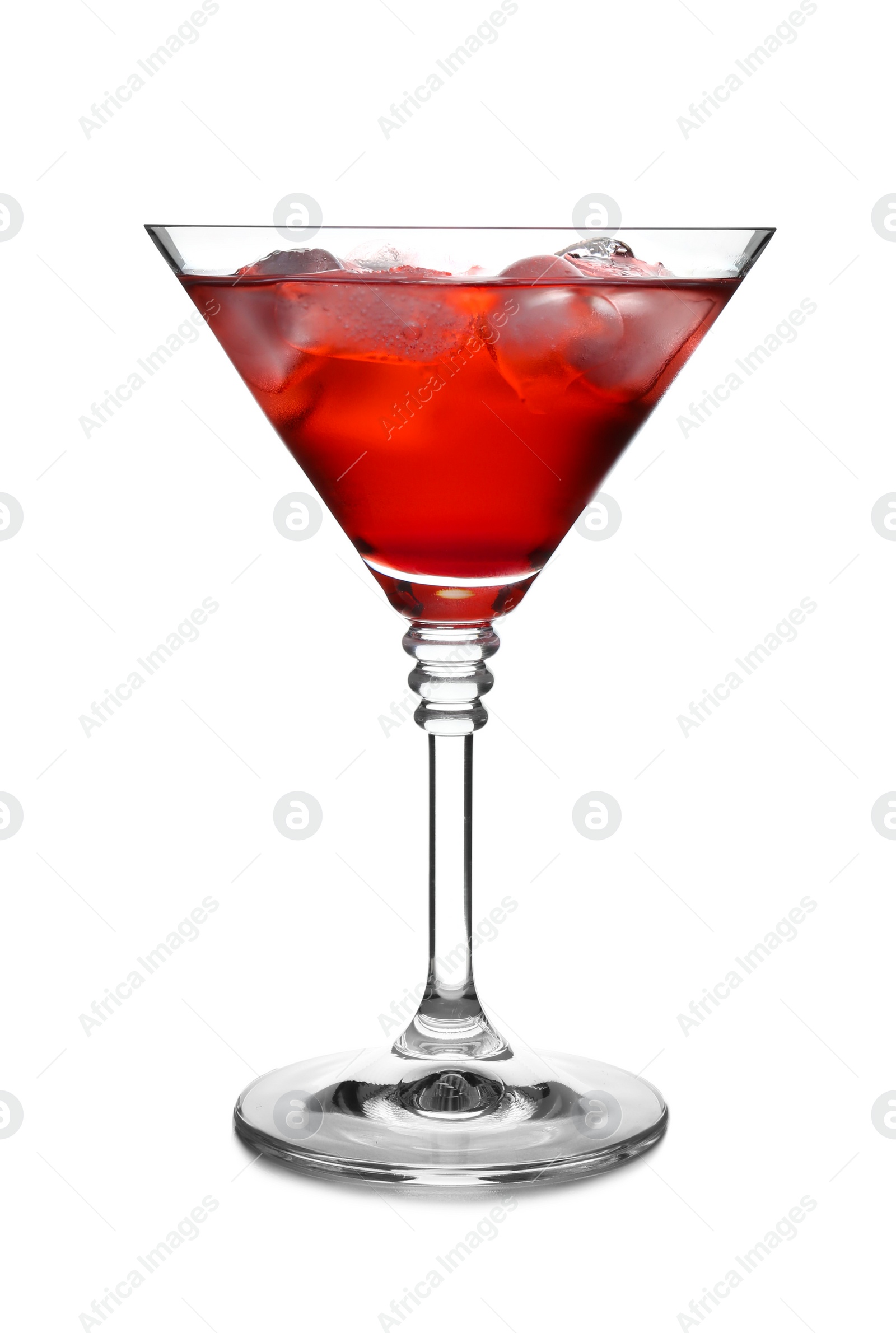 Photo of Glass of martini cocktail with ice cubes on white background