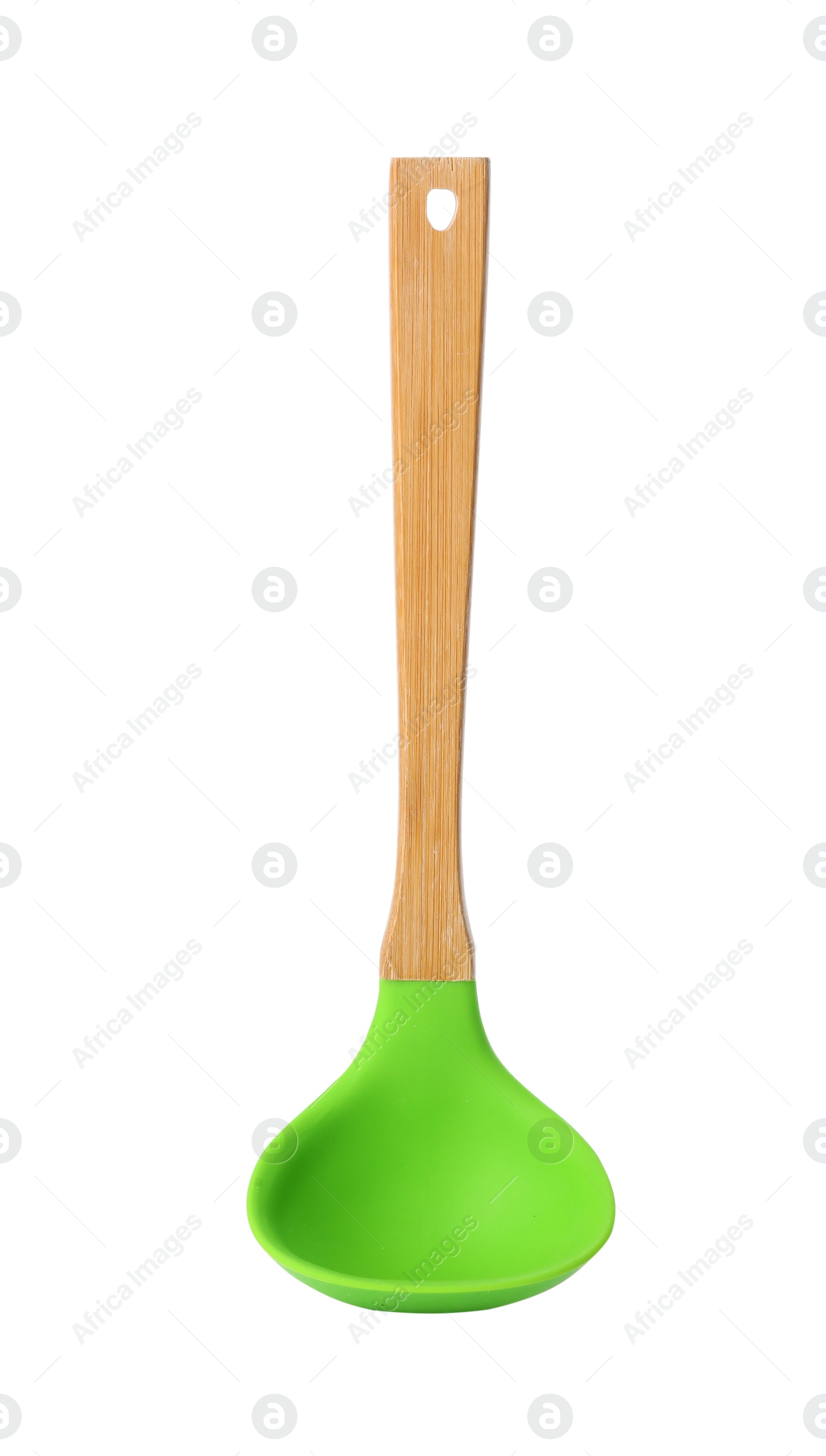 Photo of Soup ladle with wooden handle on white background