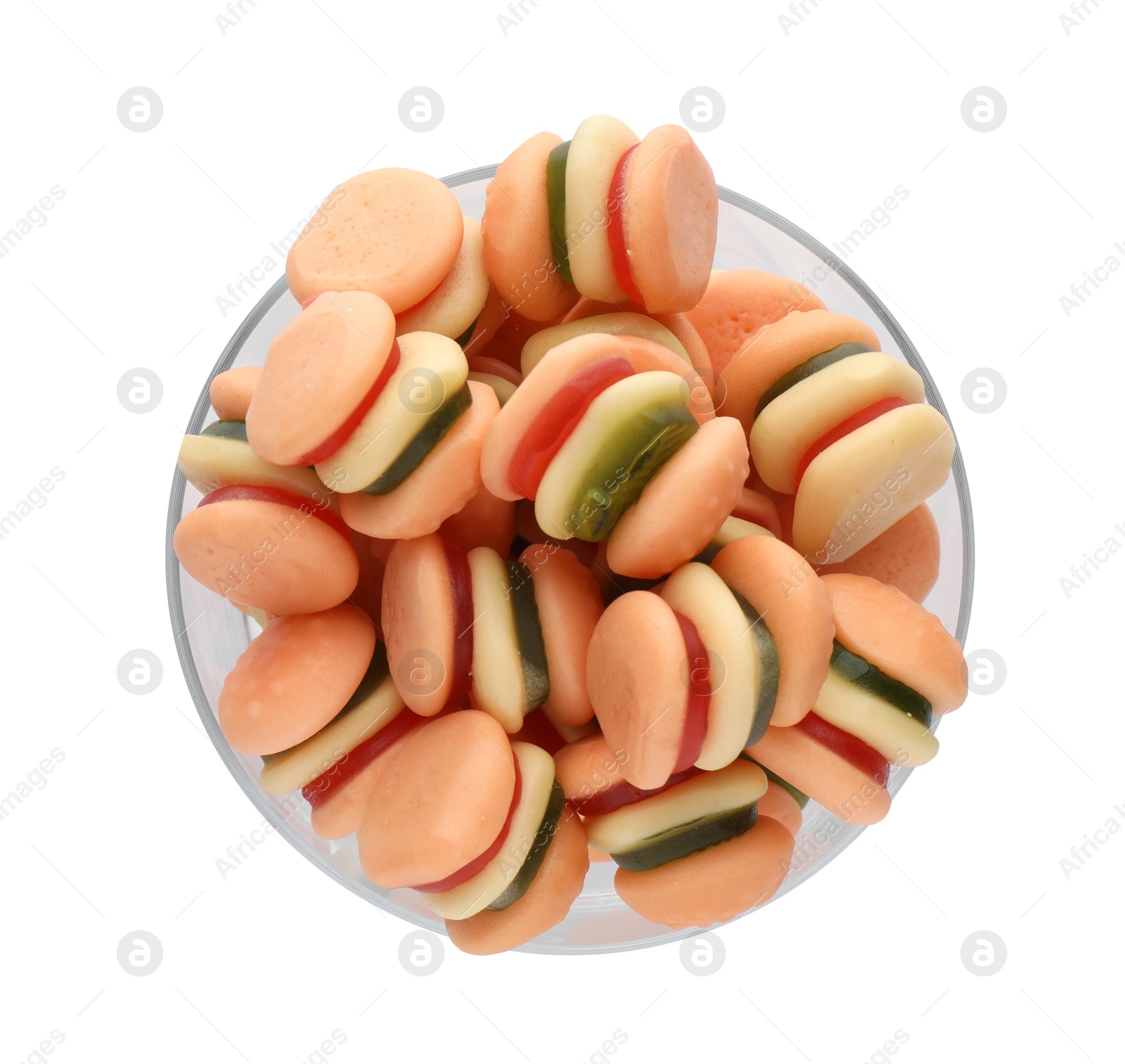 Photo of Glass with jelly candies in shape of burger on white background, top view