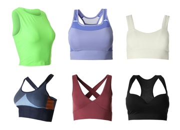 Image of Collection of stylish sportswear on white background