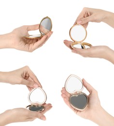 Image of Collage with photos of women holding different pocket mirrors on white background, closeup