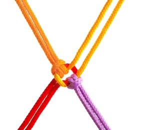 Photo of Colorful ropes tied together on white background. Unity concept