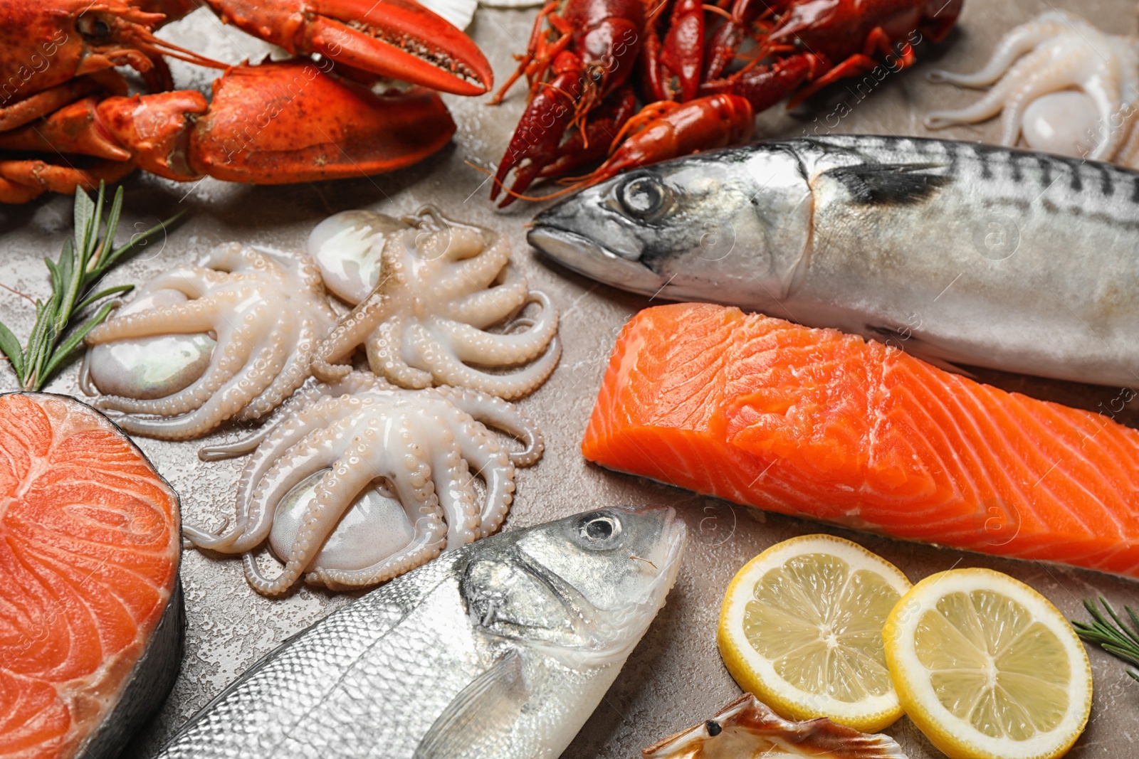 Photo of Fresh fish and seafood on marble table