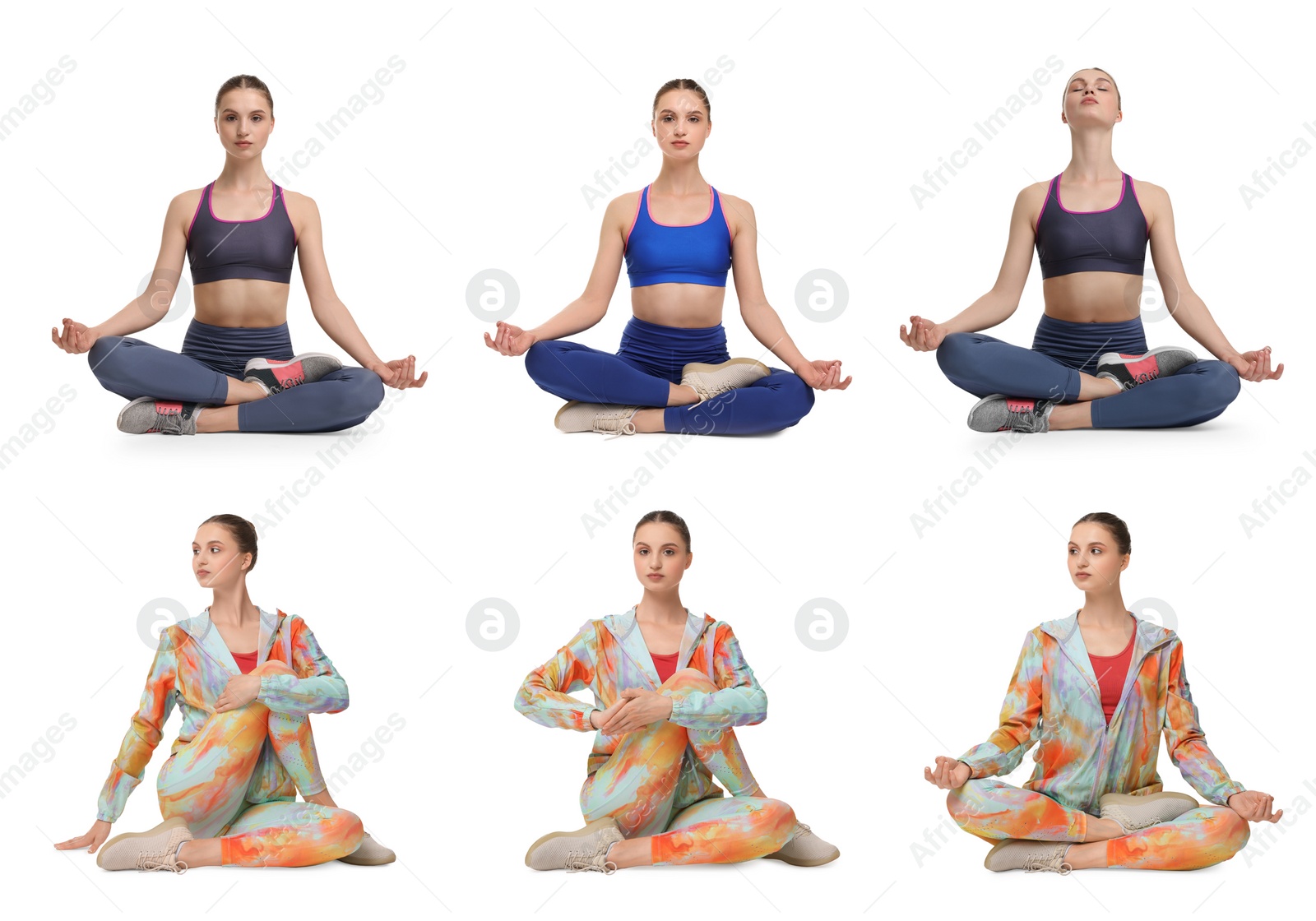 Image of Young woman practicing yoga on white background. Collage with different asanas