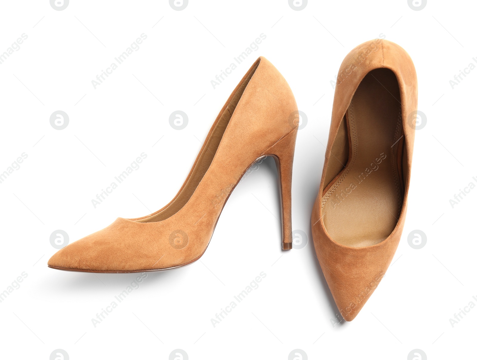 Photo of Pair of beautiful shoes on white background, top view